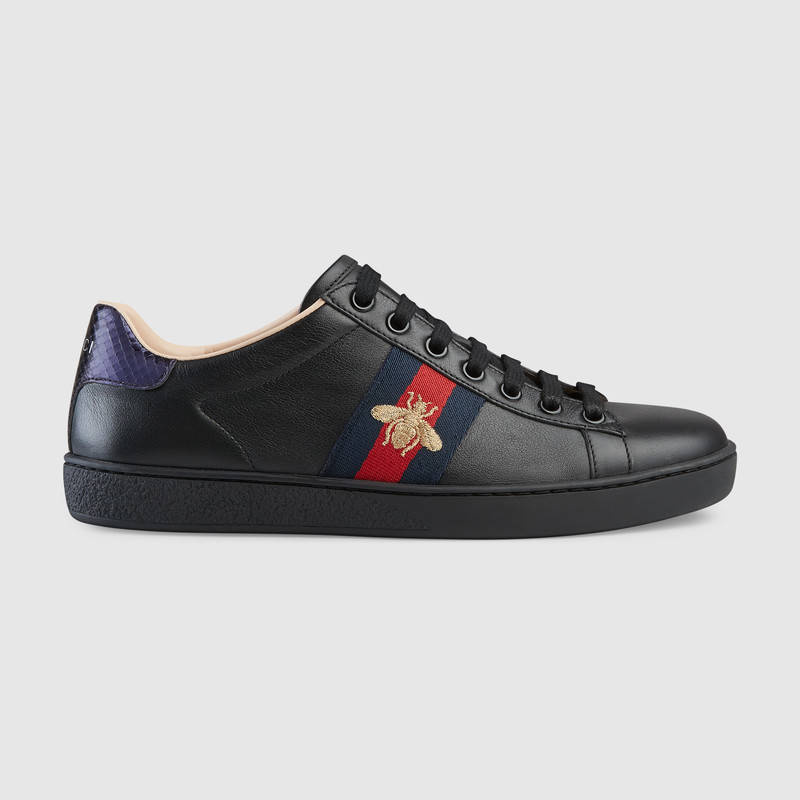 Gucci Ace Watersnake-trimmed Embroidered Leather Sneakers In Black