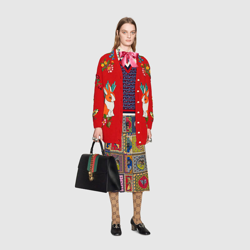 GUCCI OVERSIZED EMBROIDERED RABBIT KNIT CARDIGAN, RED | ModeSens