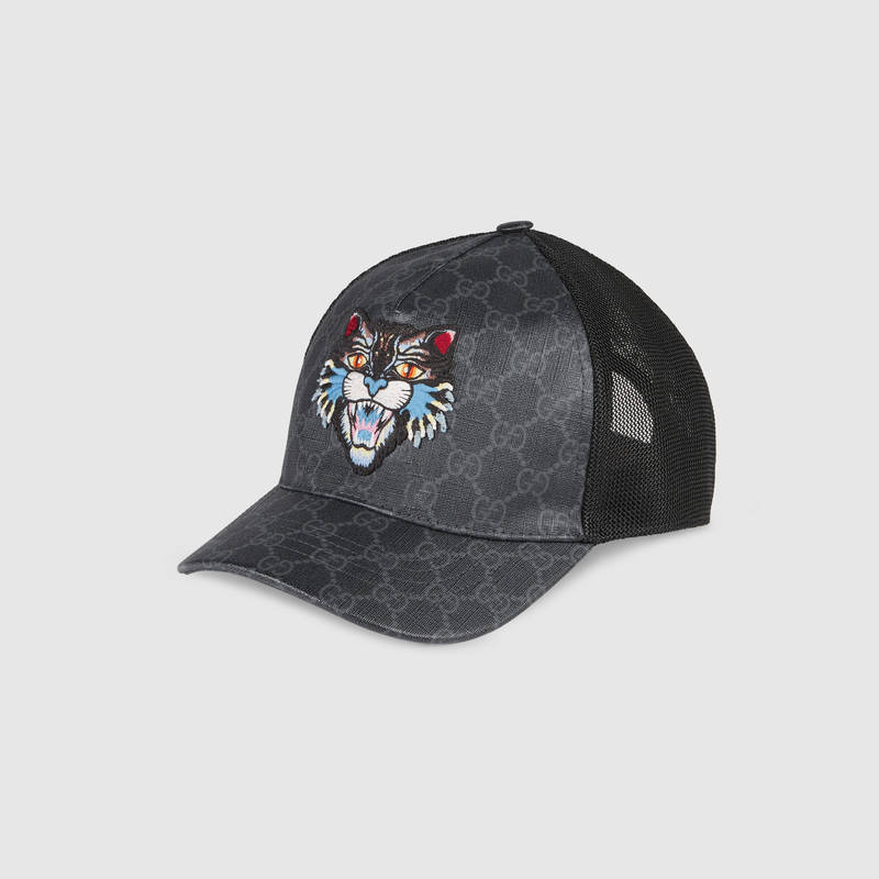 Gg Supreme Baseball Hat With Angry Cat In Dark-grey