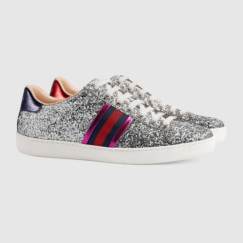 GUCCI New Ace Glitter Low Top Lace Up Sneakers in Silver | ModeSens