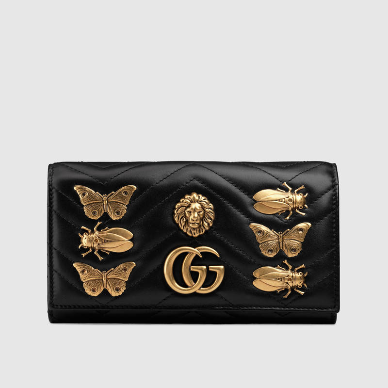 GUCCI SMALL FULL FLAP WALLET-ON-A-CHAIN WITH INSECTS, BLACK | ModeSens