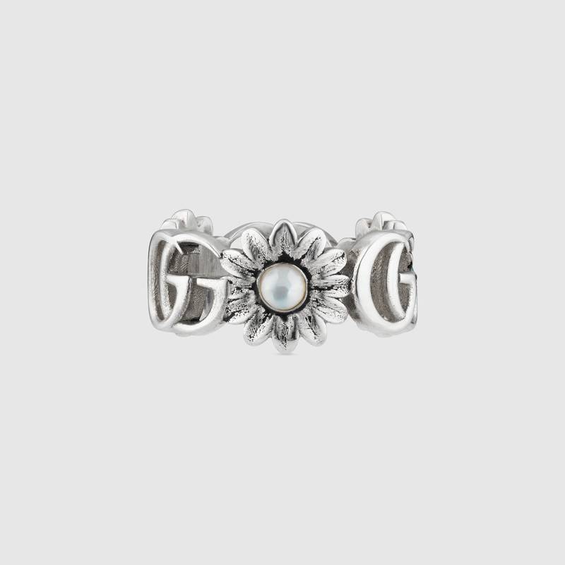 Shop Gucci Double G Mother Of Pearl Ring In Sterling Silver