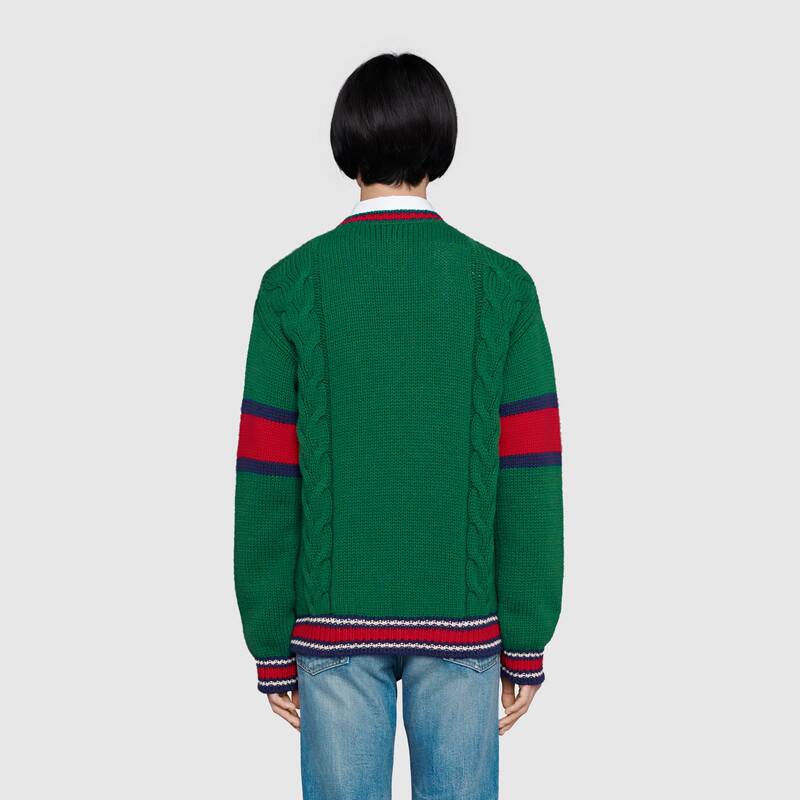 Gucci Green Cable Knit V-neck Sweater 