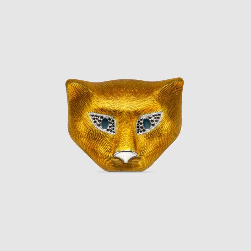 GUCCI GARDEN ENAMEL SILVER CAT BROOCH