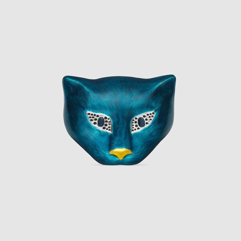 GUCCI GARDEN ENAMEL SILVER CAT BROOCH