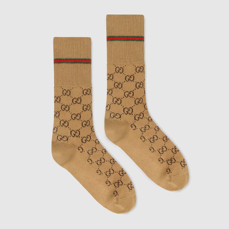 Shop Gucci Gg Cotton Socks With Web In Beige