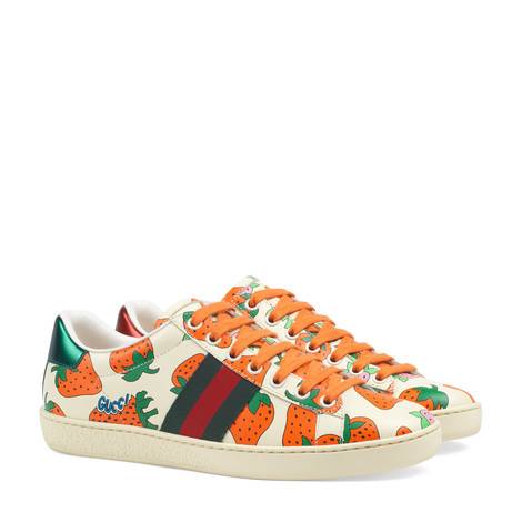 ace系列gucci草莓印花皮革运动鞋