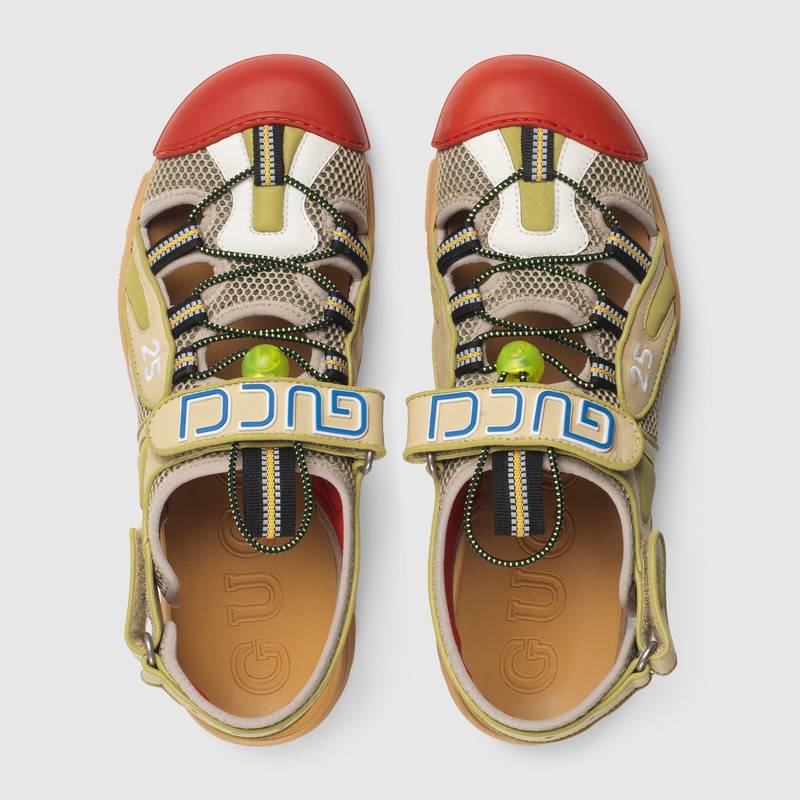 Gucci Tinsel Logo-Detailed Rubber, Leather And Mesh Sandals In Neutrals
