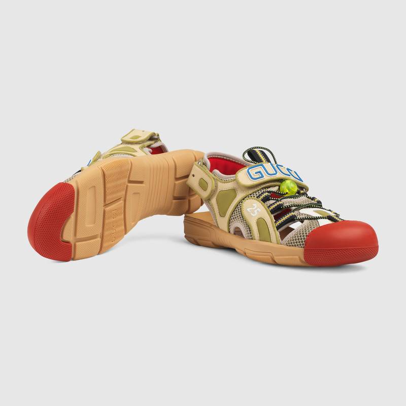 Gucci Tinsel Logo-Detailed Rubber, Leather And Mesh Sandals In Neutrals