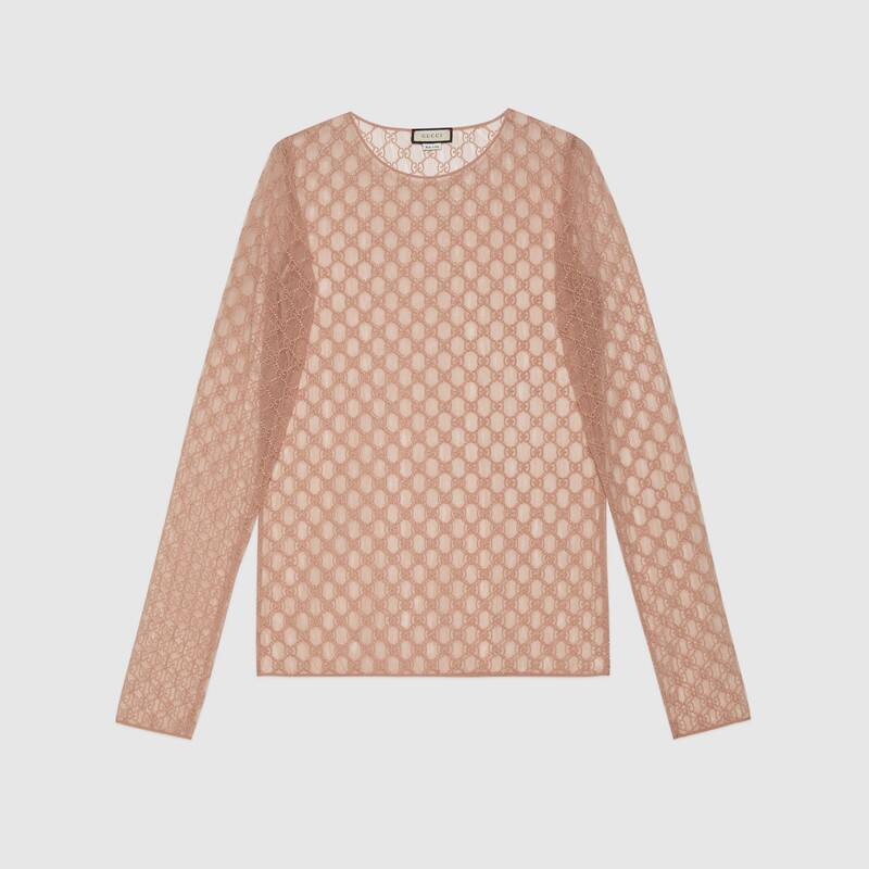 GUCCI GG EMBROIDERED TULLE LONG-SLEEVE TOP