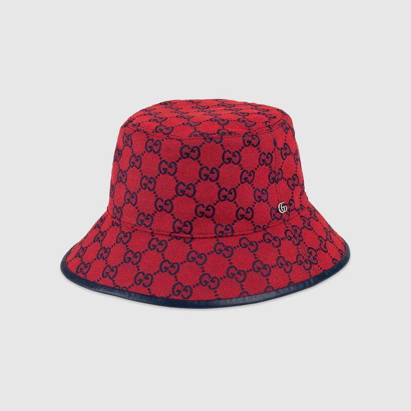 Gucci 古驰520特别系列皮革滚边双g帆布渔夫帽 In Red